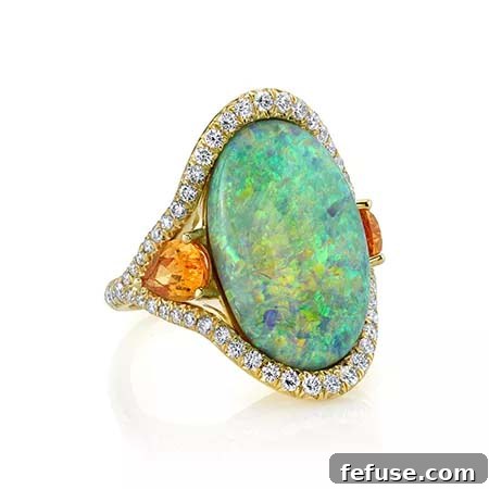 Omi Gems Sevilla Australian Black Opal, Mandarin Garnet, and Diamond Ring