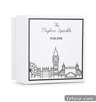 Elegant packaging for the Buckley London Meghan Sparkle ring, featuring London skyline and royal wedding date