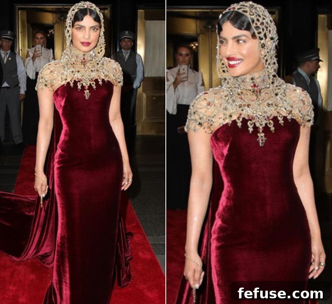Priyanka Chopra's 2018 Met Gala burgundy velvet Ralph Lauren gown, showcasing its luxurious fabric and elegant drape.