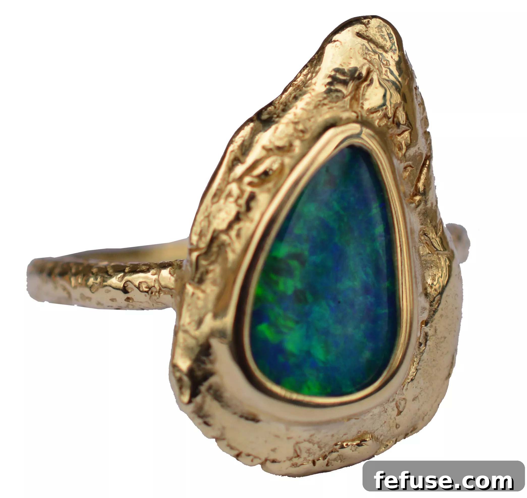 Ocean Flame ring with vibrant opal in recycled yellow gold by Susan Wheeler Design