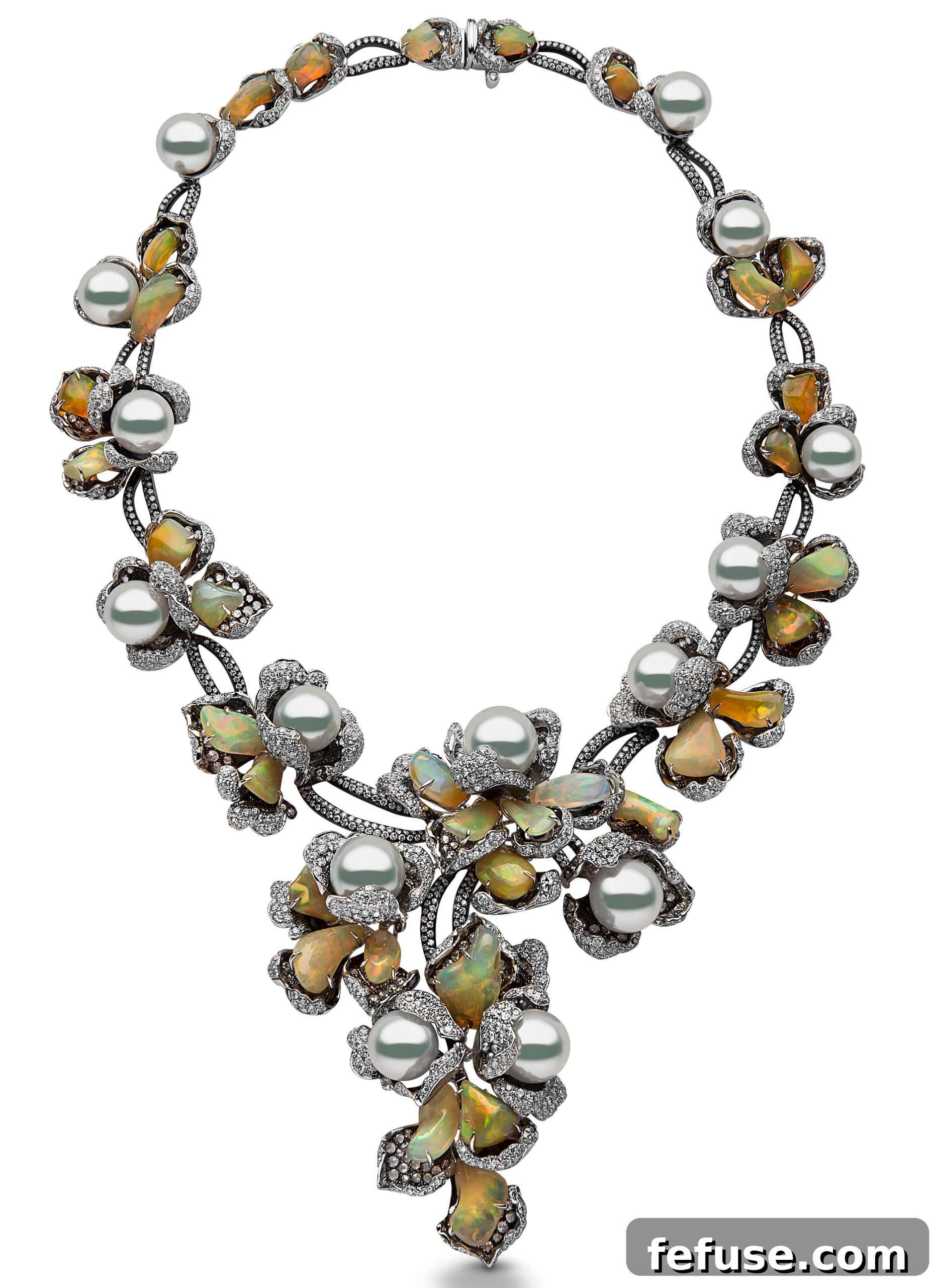 Feronia necklace with South Sea pearls, opals, and diamonds in 18k black and white gold by Yoko London
