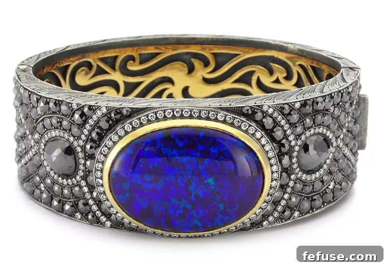 Opal, black rose-cut diamond, black diamond, and white diamond bracelet in 14k yellow gold and oxidized silver by ZDNY & Co.