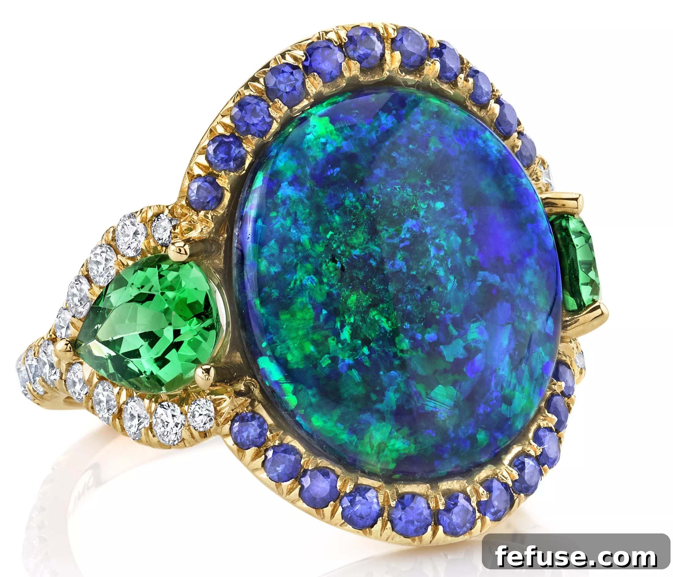 Sevilla ring with Australian black opal, tsavorite garnets, sapphires, and diamonds by Omi Privé