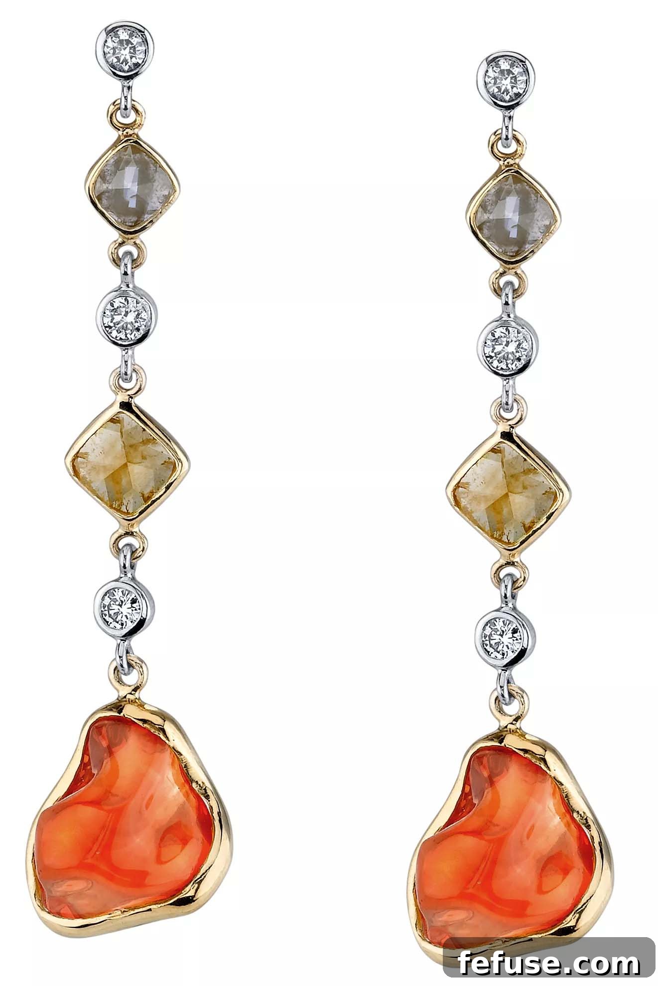Fire opal and diamond drop earrings in 14k white and yellow gold by Mark Schneider