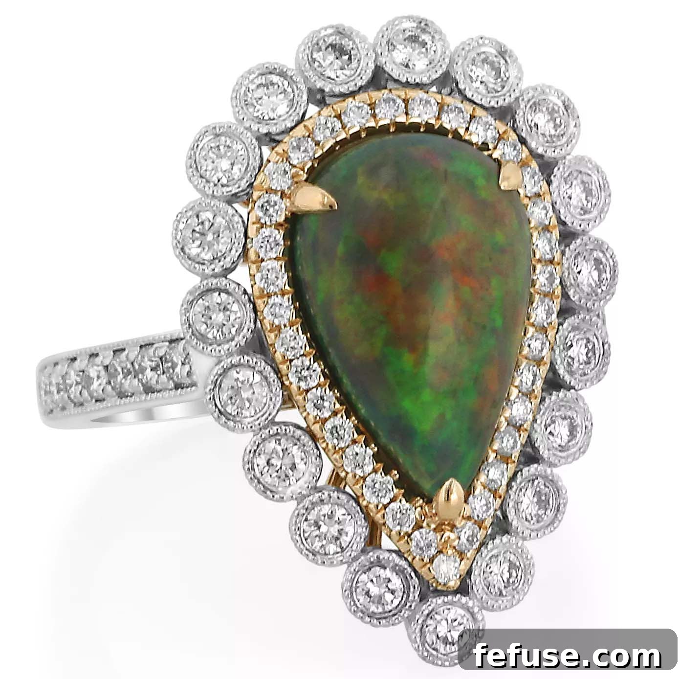 Pear-shape black opal and diamond ring in 18k white and rose gold by Yael Designs