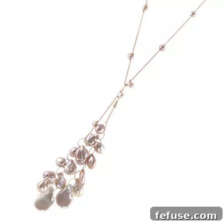 Pink freshwater pearl lariat necklace in pink gold, ideal for Pale Dogwood