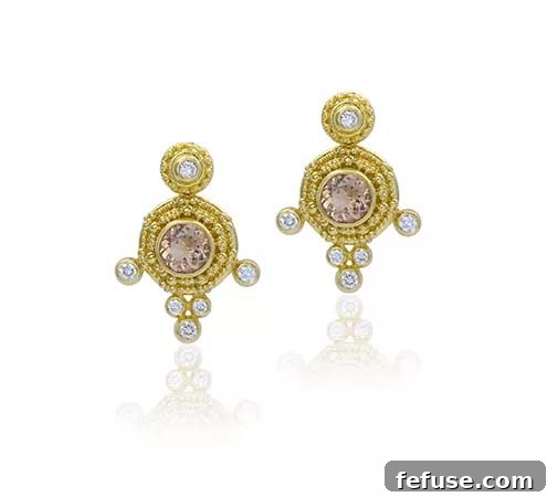 Dahlia convertible earrings in gold with peach topaz and diamonds
