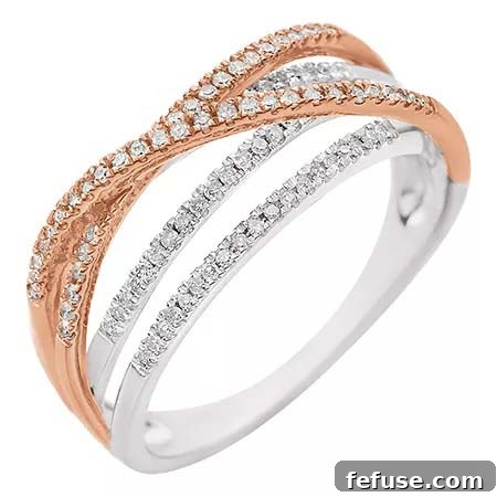 Criss Cross ring with rose and white gold and diamonds, perfect for Pale Dogwood