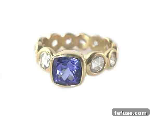 Yellow Gold Tanzanite and Rose Cut Diamond Bezel Engagement Ring